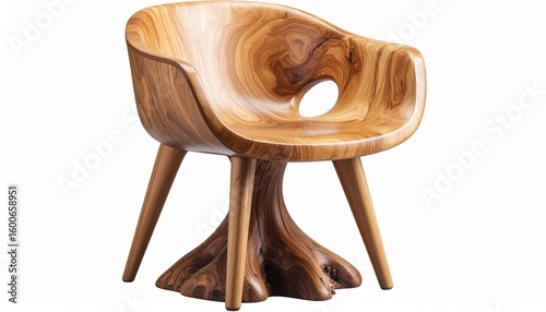 A sculptural wooden chair, root-legged and circle-cut, stands as a paradox of strength and stillness. Not merely seat, but relic—where nature’s rawness is tamed into domestic form, and rest becomes ri