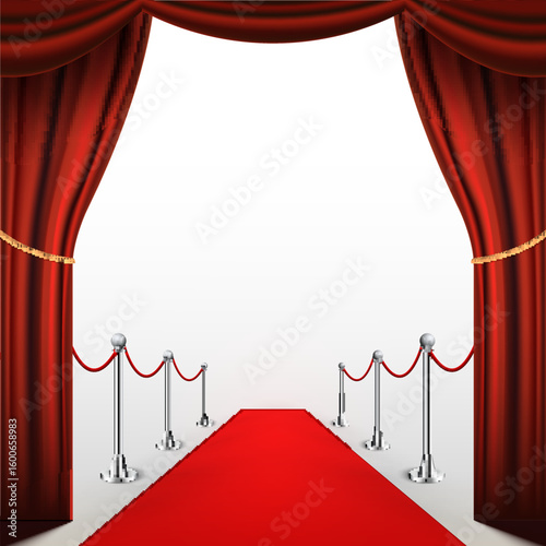 Red carpet entrance with luxurious velvet curtains and stanchions for gala event ceremony award show or celebrity celebration