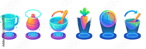 Colorful kitchen icons representing various cooking tools and ingredients in a modern design suitable for a recipe app or cooking tutorial