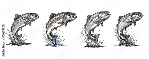 Jumping Rainbow Trout - Fly Fishing Vintage Illustration Set