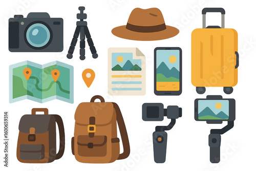 Travel essentials for adventurous journeys featuring photography gear, maps, and luggage items prepared for exploration