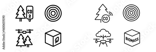 Icons representing environmental concepts related to carbon dioxide, drone technology, and renewable energy sources