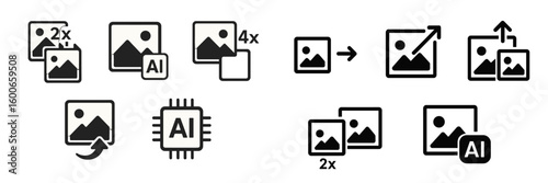 Icons representing artificial intelligence technology for image enhancing and processing in digital media applications