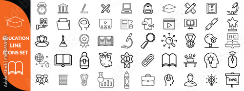 Education line icons set . Education and Learning thin line icons set. Education, School, Learning editable stroke icons. Vector illustration