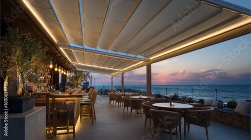 Automated retractable pergola covering luxury rooftop seating area with smart lighting and ocean backdrop at sundown