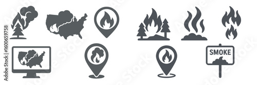 Fire warnings and smoke alerts displayed through symbols and maps indicating wildfire risks across the United States