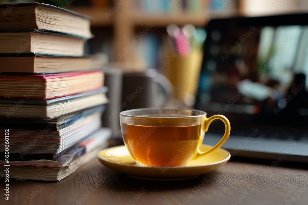 Fototapeta premium A cozy study environment features a stack of books beside a vibrant yellow cup of tea. A laptop streams an online educational lesson, emphasizing a comfortable learning atmosphere