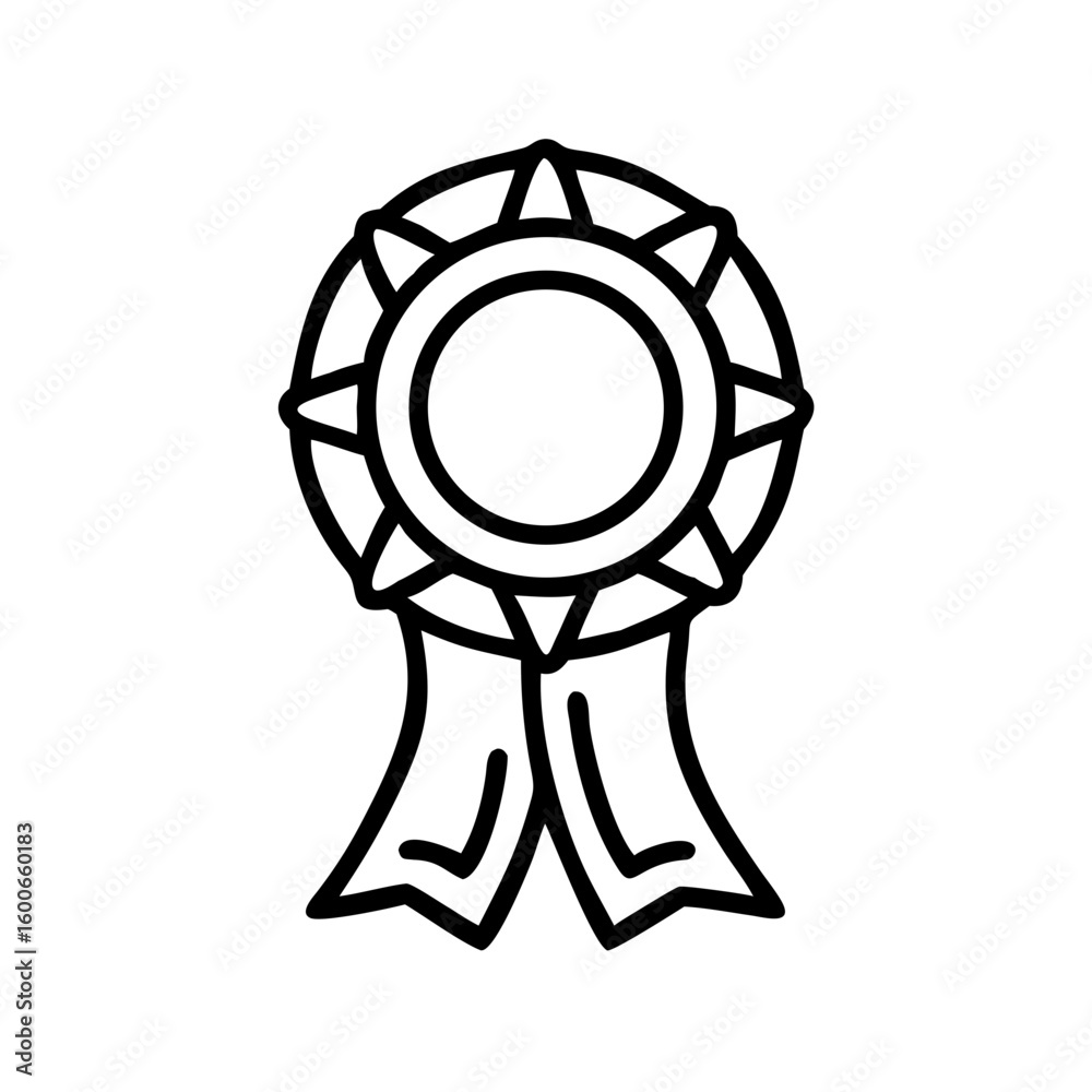 Fototapeta premium Vector art of a simple black and white line drawing of a circular award ribbon with two hanging streamers