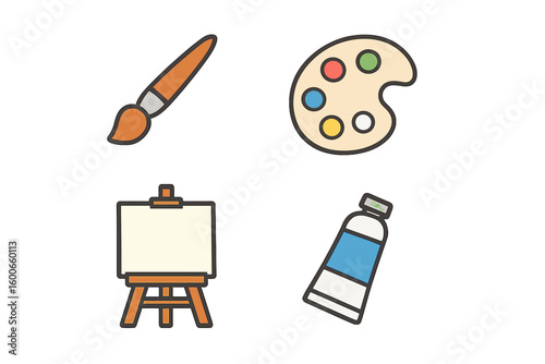 Art supplies used for painting including a brush, palette, canvas, and paint tube on a clean white background