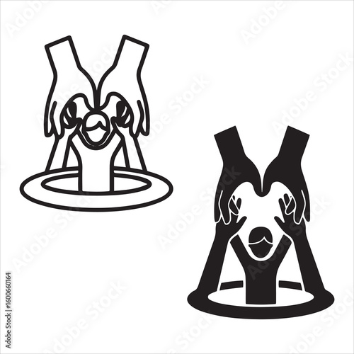 Two stylized representations of hands protecting a child symbol