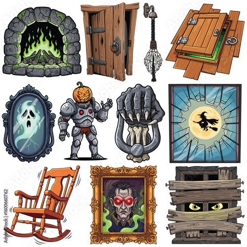 Halloween themed spooky elements vector illustration set