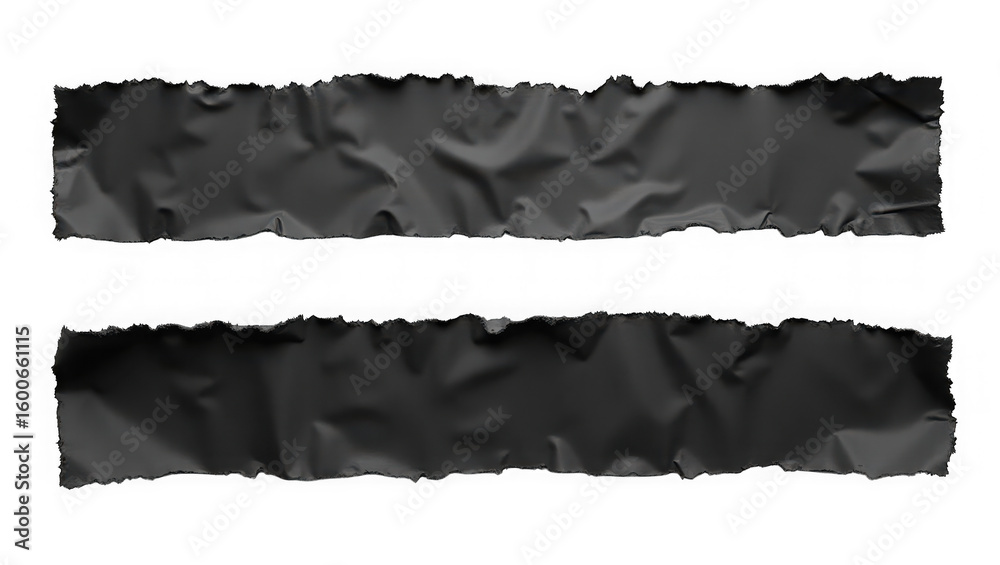 Fototapeta premium Two torn strips of black adhesive tape are isolated on a transparent background creating a textured and