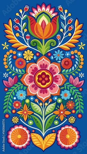 Vector art of a vibrant and colorful folk art floral design featuring stylized flowers and leaves against a bright blue background
