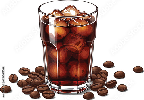 A refreshing iced coffee illustration features a clear glass filled with ice cubes and dark coffee, surrounded by scattered brown coffee beans, perfect for beverage and cafe themes.