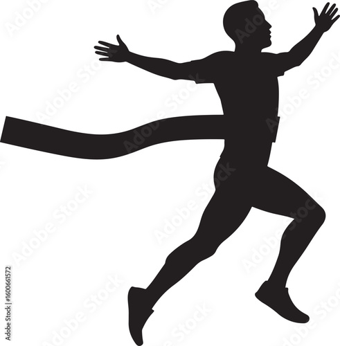 Silhouette of a Victor: A dynamic black silhouette of a triumphant runner crosses the finish line, embodying the spirit of perseverance and athletic achievement.
