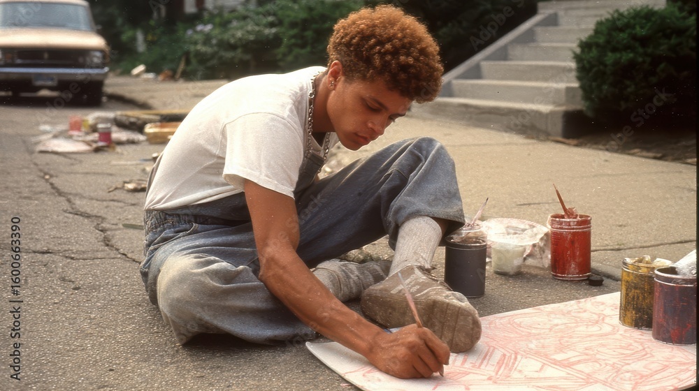 Naklejka premium Young person creating street art on pavement.