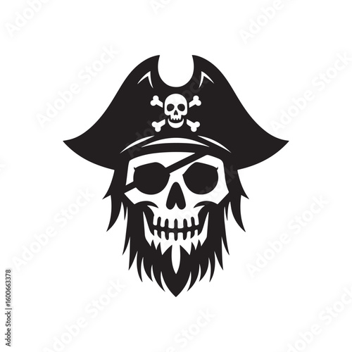 Illustrative pirate skull with crossed sabers emblem featuring a skeleton head and nautical symbols for branding and themed designs