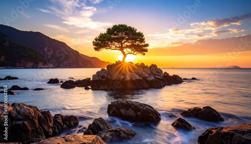 Serene Sunset Silhouette of a Lone Tree on Coastal Rocks.