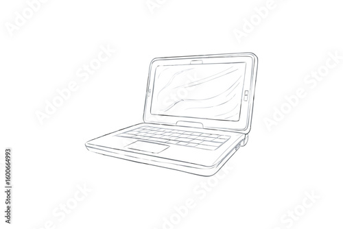 Sketch illustration of a laptop computer with open screen keyboard and touchpad isolated on white background for graphic design purposes