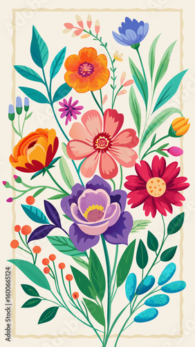 Vector art of a vibrant and colorful bouquet of various flowers and leaves arranged in a pleasing composition against a light background