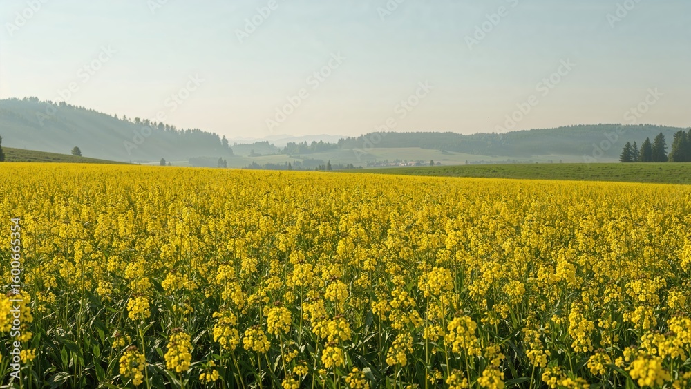 Obraz premium Yellow flowering rapeseed crops in a rural area