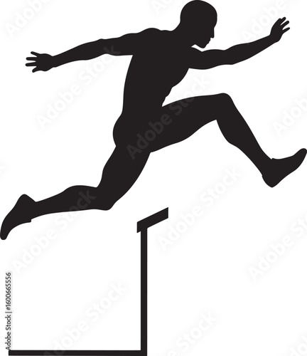 Silhouette of a Hurdler in Action: A dynamic silhouette captures the essence of a male athlete mid-hurdle, poised and powerful, set against a backdrop of a singular moment in competition.