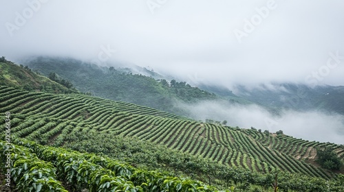 Misty mountainside terraced coffee plantation