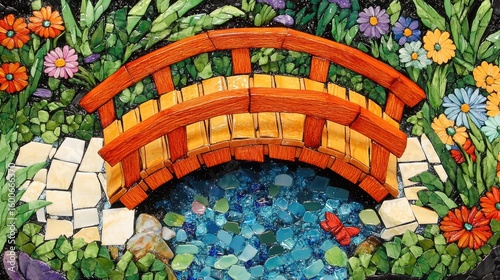 Miniature mosaic bridge over water, surrounded by flowers