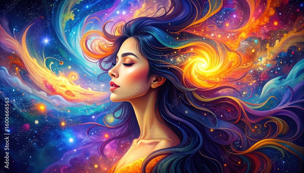 Obraz premium A woman with flowing hair merges with a vibrant, colorful cosmic galaxy.
