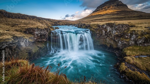 Majestic SvÃ¶Ã°ufoss waterfall cascading over rocky cliffs with lush greenery and dramatic mountain backdrop in Icelandic landscape.