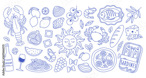 Hand drawn mediterranean doodles set. Dolce vita aesthetics. Mediterranean food for family dinner, picnic, breakfast. Italian summer vacation. Vector illustration in trendy flat style