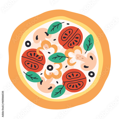 Pizza with basil, tomatoes, black olives, mushrooms, pepper and cheese, top view. Tasty hand drawn Italian pizza. Vector illustration in trendy flat style