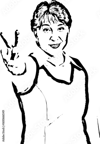 Mature woman show victory sign hand