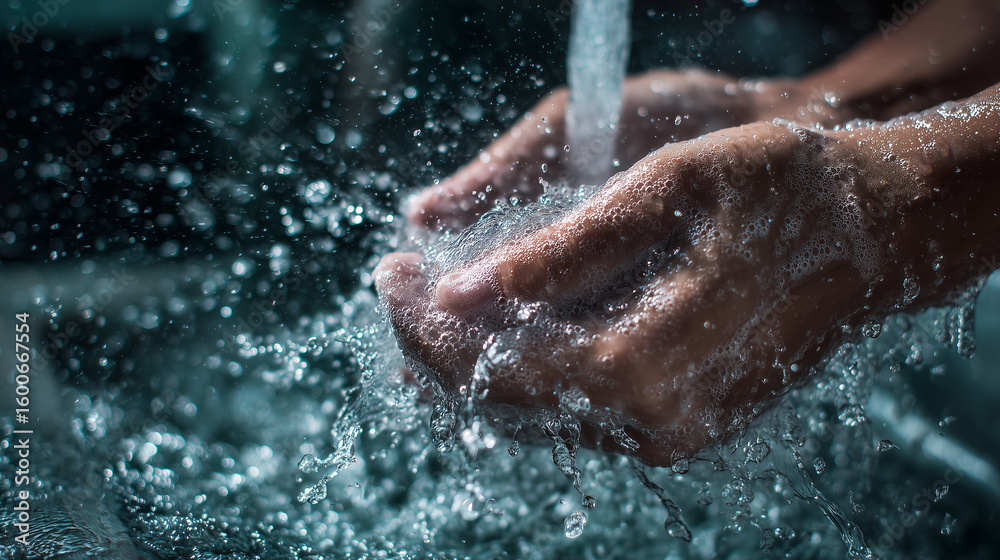 Fototapeta premium Hands washing with soap under running water