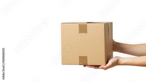 A pair of hands holds a closed brown cardboard box sealed with tape against a plain transparent