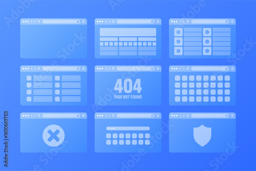 Web browser window, transparent pages layout with toolbar and search field. Modern website, internet page. Browser mockup for computer, tablet and smartphone. Adaptive UI. Vector illustration