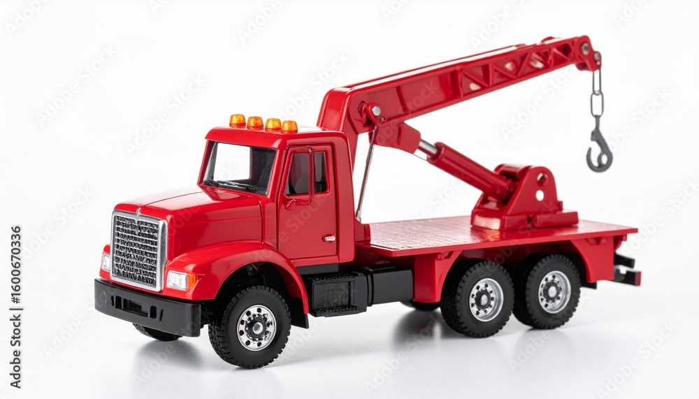 Naklejka premium A vibrant red crane truck model stands poised, evoking themes of miniature strength, precision, and playful industrial might.