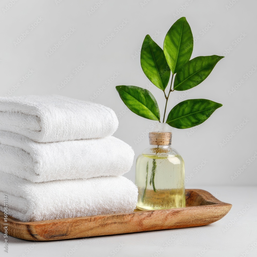 White towels and a light-yellow liquid in a wooden tray White towels and a light-yellow liquid in a wooden tray