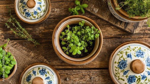 Wallpaper Mural Decorative ceramic pots with herbs and plants on a wooden surface. Torontodigital.ca