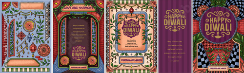 Happy Diwali. Indian festival of lights. Set of vector Diwali posters with lanterns, floral motifs, mandalas, and festive typography. for invitations, frame, background, greetings, or promotions.