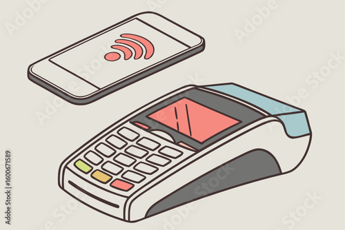Flat vector illustration of mobile phone tap to pay on POS terminal