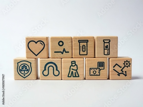 Health insurance and medical care concept. A set of wooden blocks displaying health-related icons, medical care, health insurance, and medication. healthcare services, protection,.