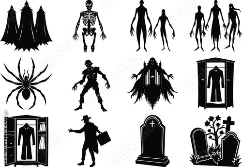 Spooky Halloween Silhouettes Collection Vector Illustration on Transparent Background
