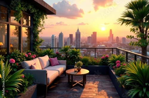 Wallpaper Mural modern urban rooftop garden with cozy seating overlooking city skyline at sunset. vibrant plants and flowers enhance serene ambiance. concept of urban tranquility. landscape, travel, relaxation. Torontodigital.ca