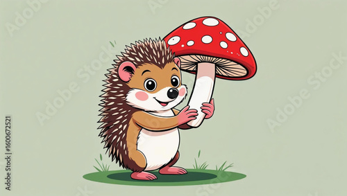 A funny cartoon of a cute animal character like a lion or hedgehog with a smile, playing around a mushroom in the wild nature. Generative AI