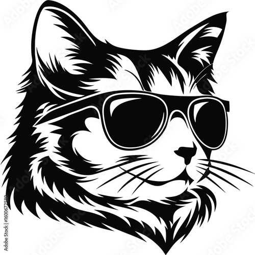 Stylish cool cat with sunglasses staring ahead in a bold black and white vector