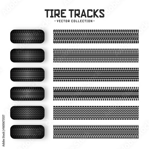 Tire tracks, rubber wheels, and braking marks. Truck, car, or motorcycle tread pattern silhouettes. Perfect for auto racing, motorsport, and speed-related designs. Vector illustration