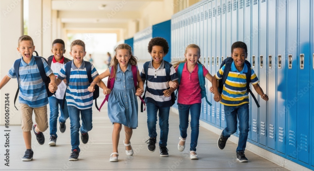 Obraz premium Happy diverse group of elementary school children running down a school hallway with backpacks