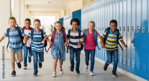 Happy diverse group of elementary school children running down a school hallway with backpacks