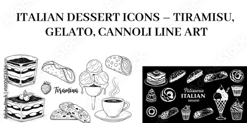 Italian Dessert Icons – Tiramisu, Gelato, Cannoli Line Art